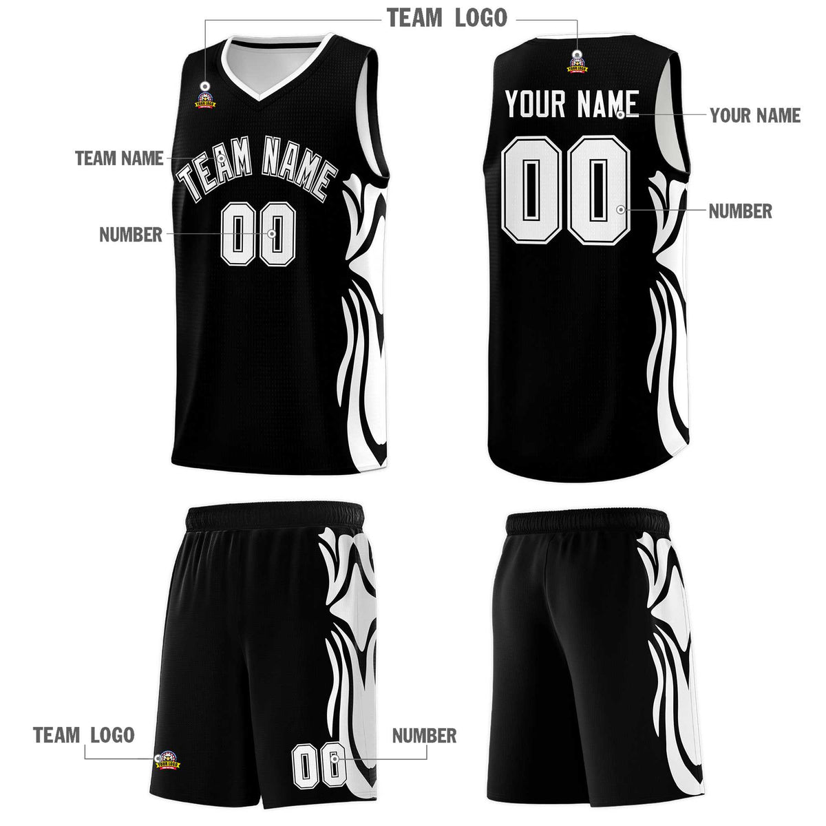 Custom Black White-White Graffiti Pattern Side Curve Pattern Sports Uniform Basketball Jersey Sets