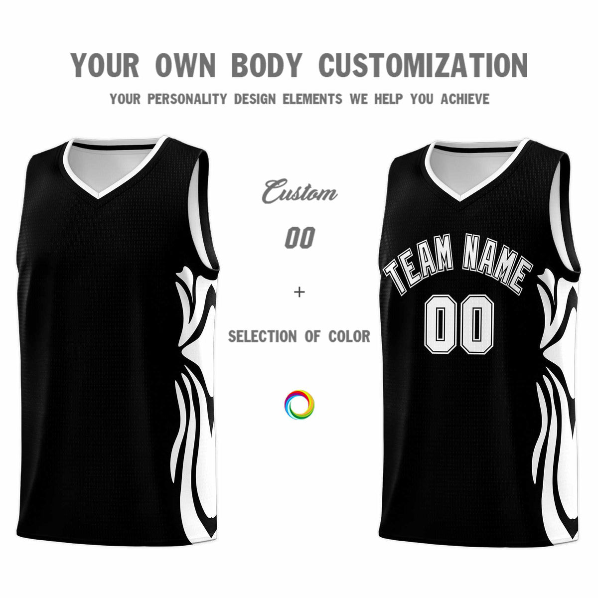 Custom Black White-White Graffiti Pattern Side Curve Pattern Sports Uniform Basketball Jersey Sets