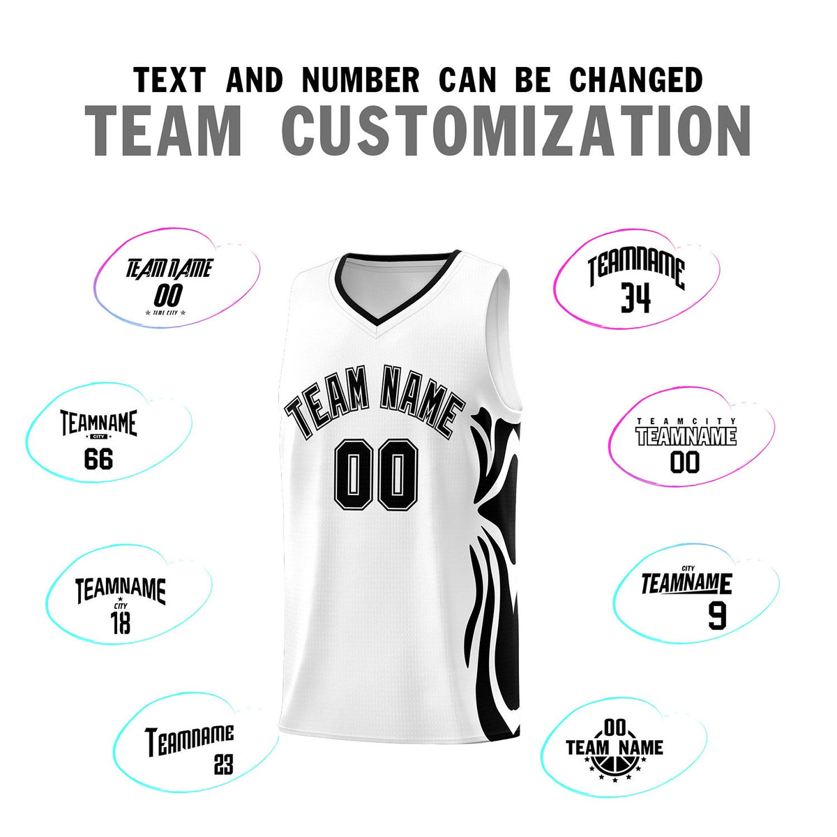 Custom White Black-Black Graffiti Pattern Side Curve Pattern Sports Uniform Basketball Jersey Sets