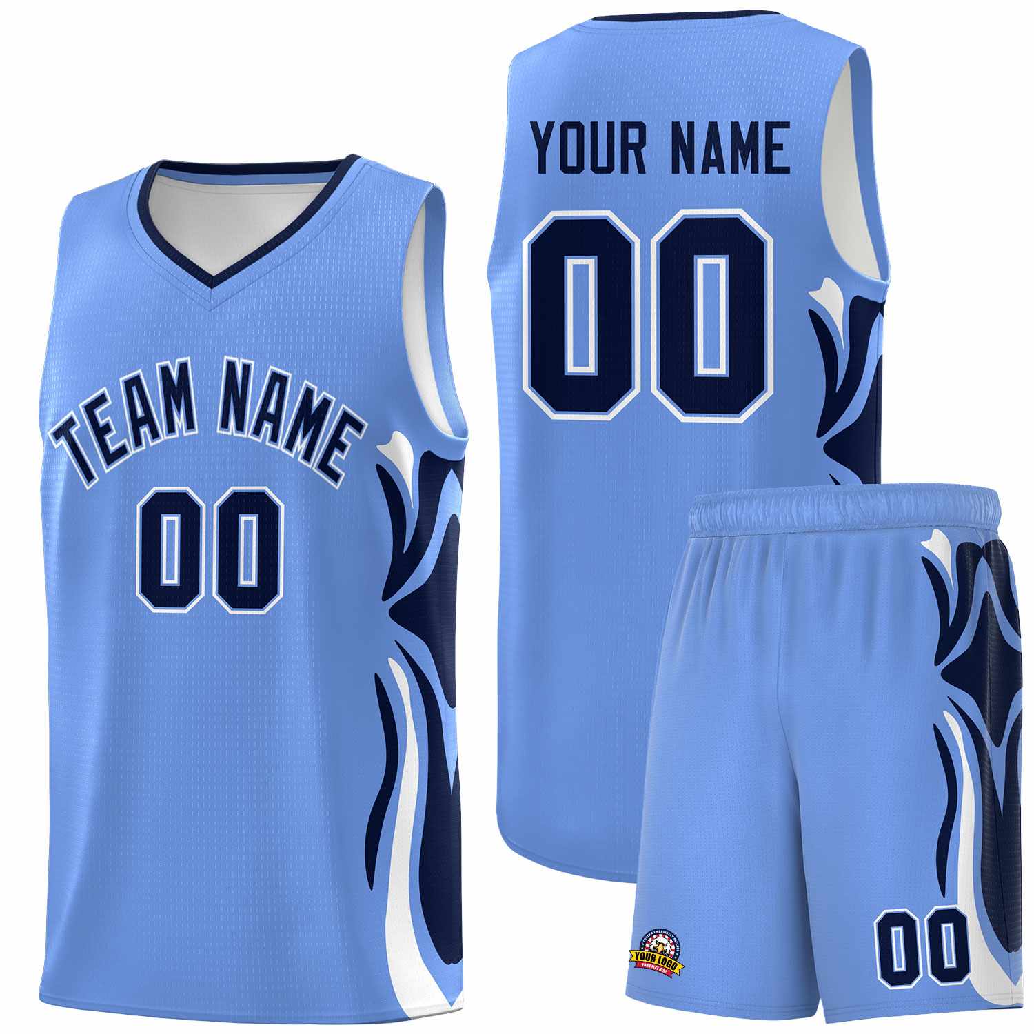 Custom Light Blue Navy-White Graffiti Pattern Side Curve Pattern Sports Uniform Basketball Jersey Sets