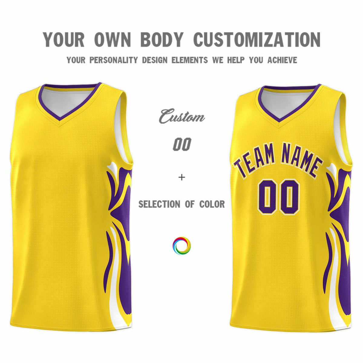 Custom Gold Purple-White Graffiti Pattern Side Curve Pattern Sports Uniform Basketball Jersey Sets