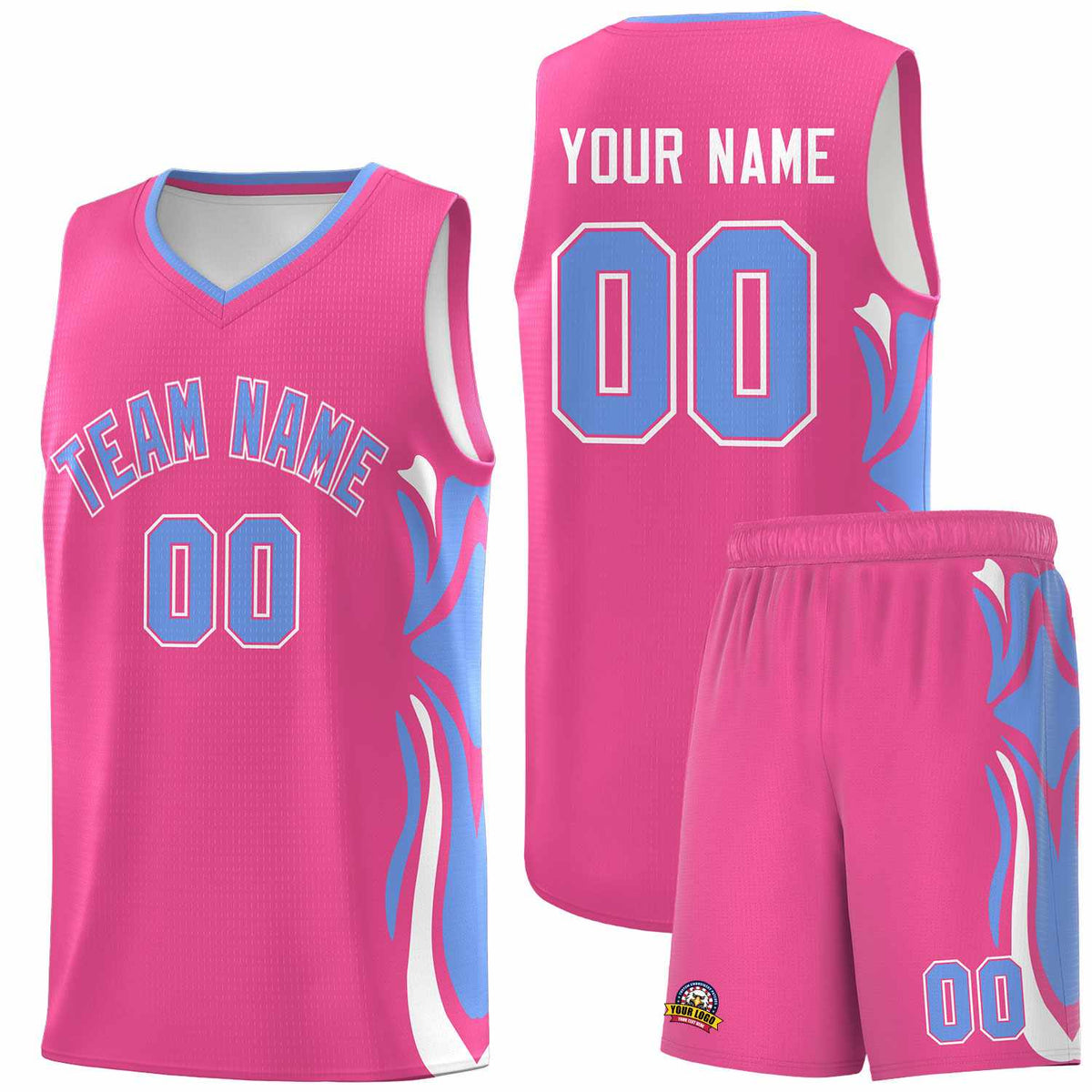 Custom Pink Light Blue-White Graffiti Pattern Side Curve Pattern Sports Uniform Basketball Jersey Sets