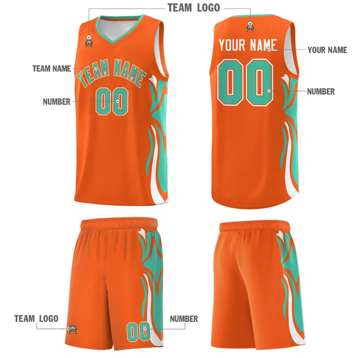 Custom Orange Bright Green-White Graffiti Pattern Side Curve Pattern Sports Uniform Basketball Jersey Sets