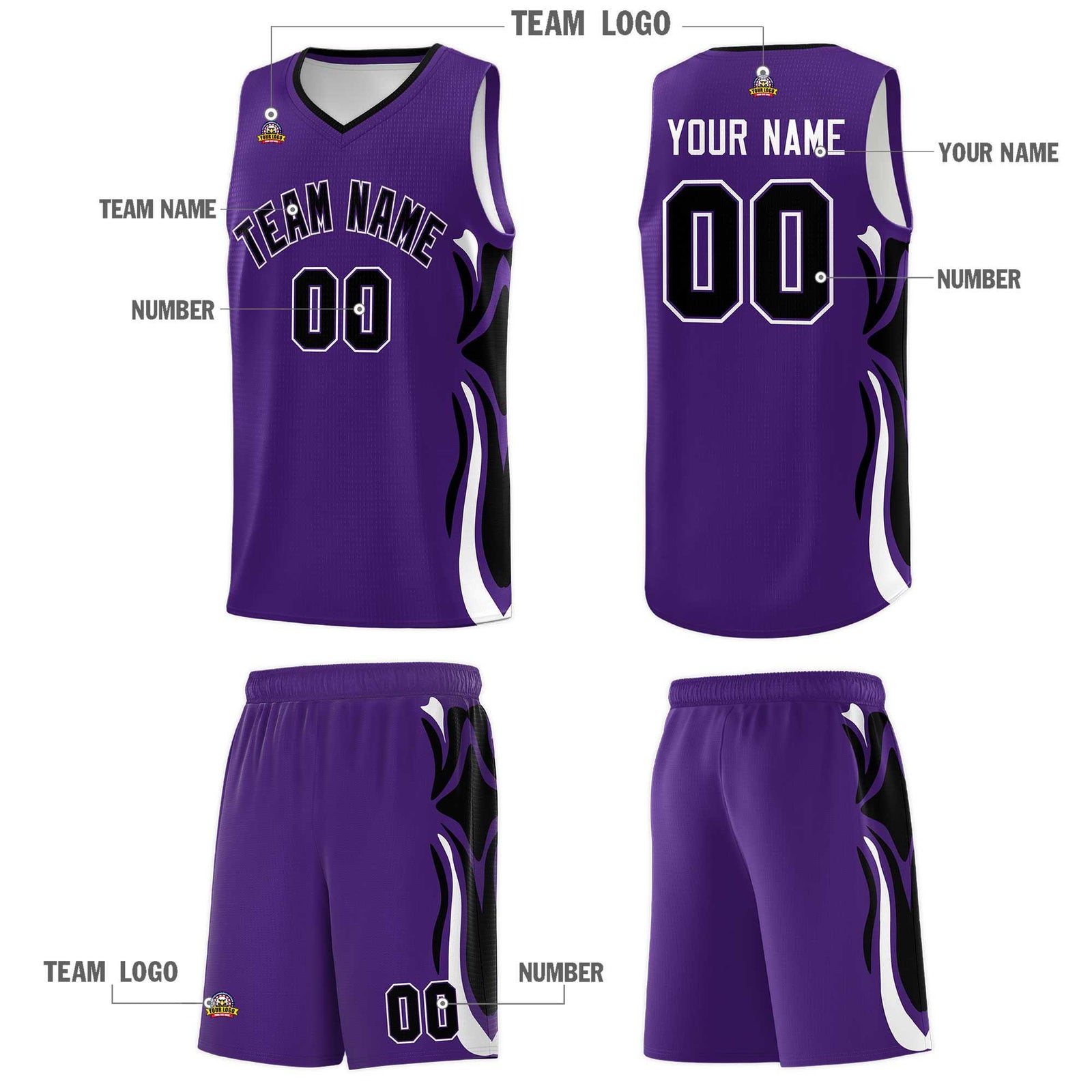 Custom Purple Black-White Graffiti Pattern Side Curve Pattern Sports Uniform Basketball Jersey Sets