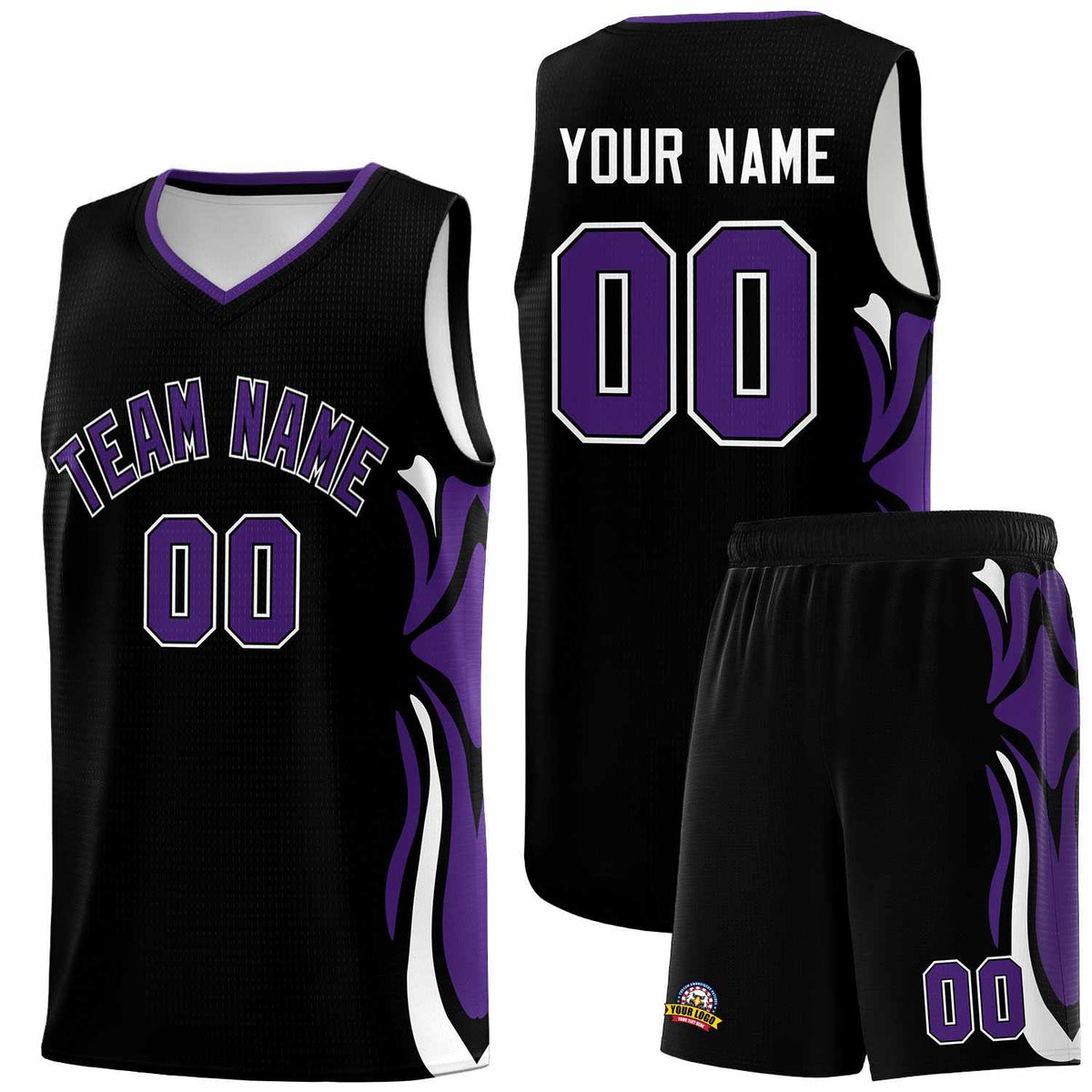 Custom Black Purple-White Graffiti Pattern Side Curve Pattern Sports Uniform Basketball Jersey Sets