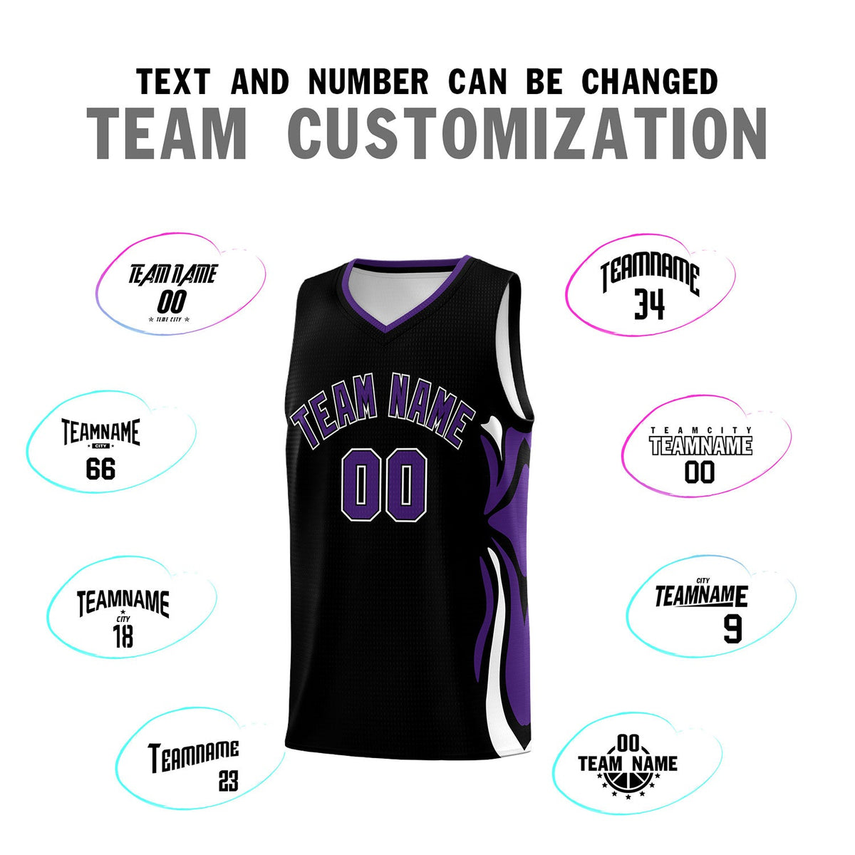 Custom Black Purple-White Graffiti Pattern Side Curve Pattern Sports Uniform Basketball Jersey Sets