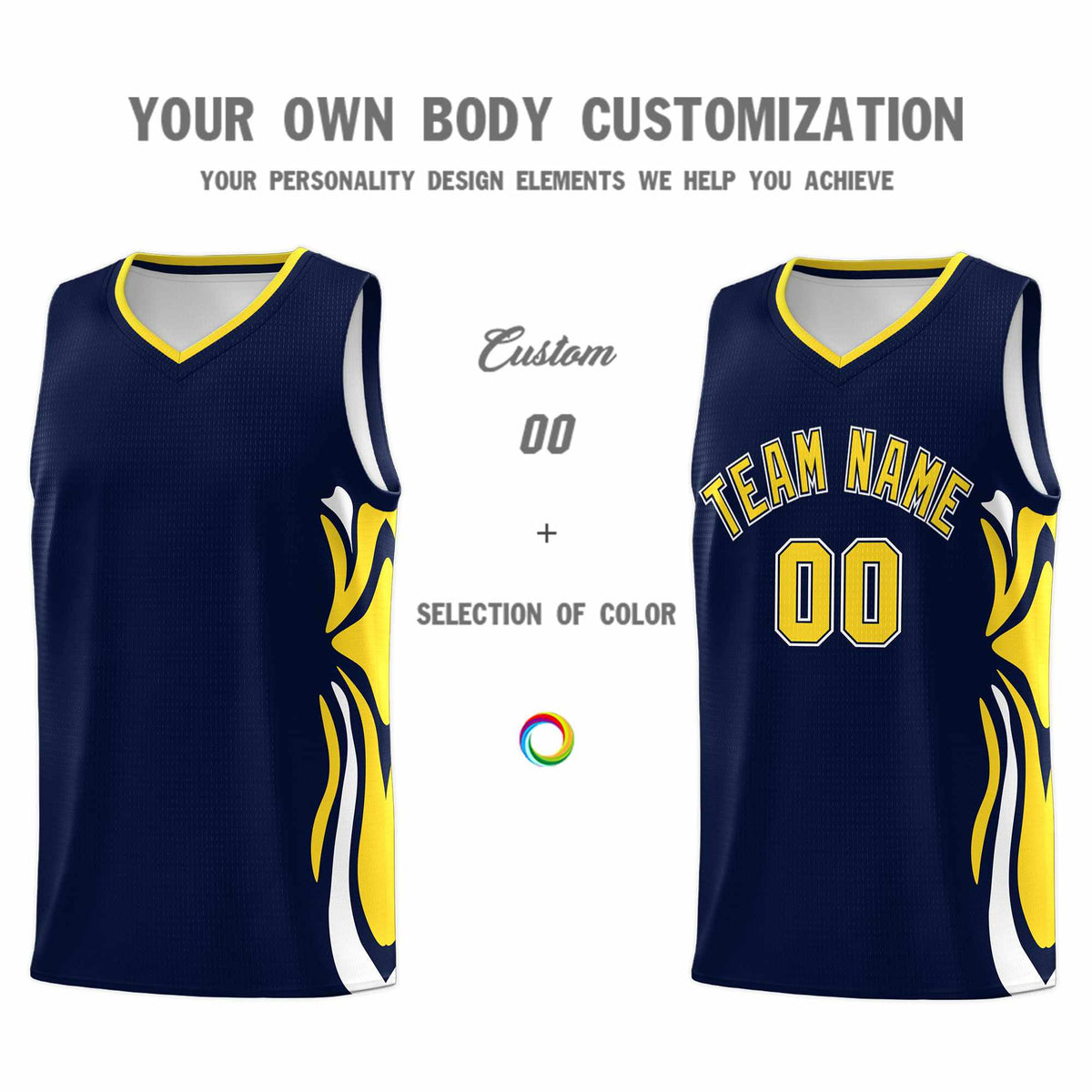 Custom Navy Gold-White Graffiti Pattern Side Curve Pattern Sports Uniform Basketball Jersey Sets