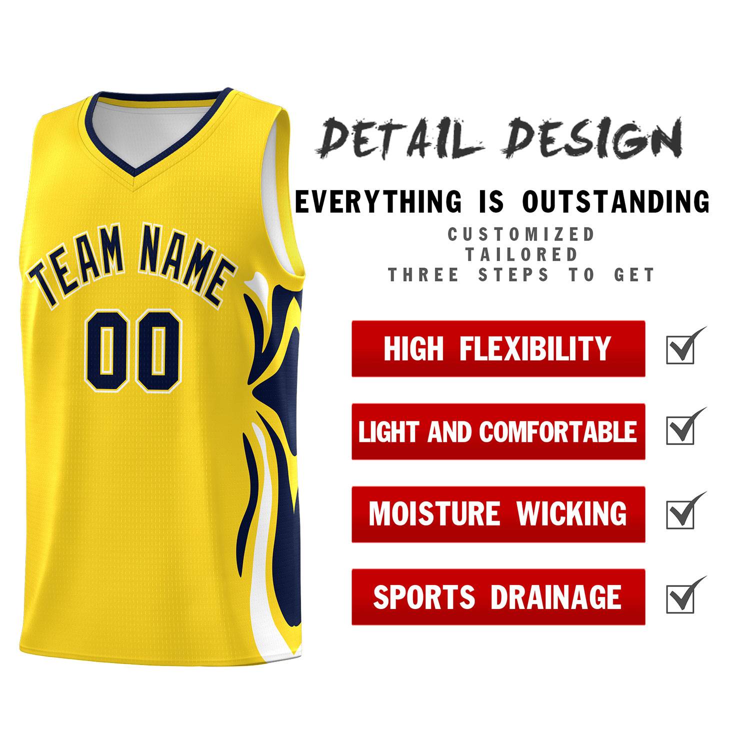 Custom Gold Navy-White Graffiti Pattern Side Curve Pattern Sports Uniform Basketball Jersey Sets