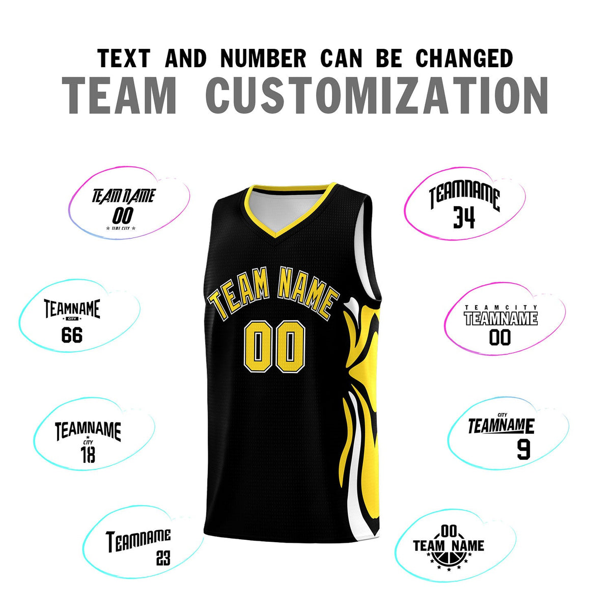 Custom Black Gold-White Graffiti Pattern Side Curve Pattern Sports Uniform Basketball Jersey Sets