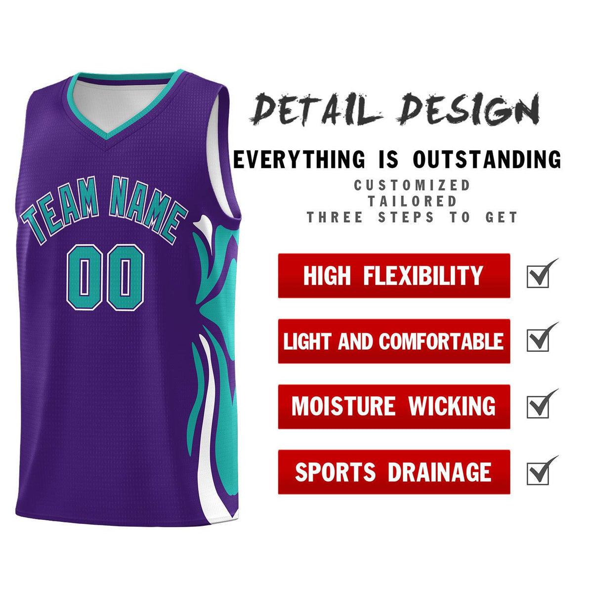 Custom Purple Aqua-White Graffiti Pattern Side Curve Pattern Sports Uniform Basketball Jersey Sets