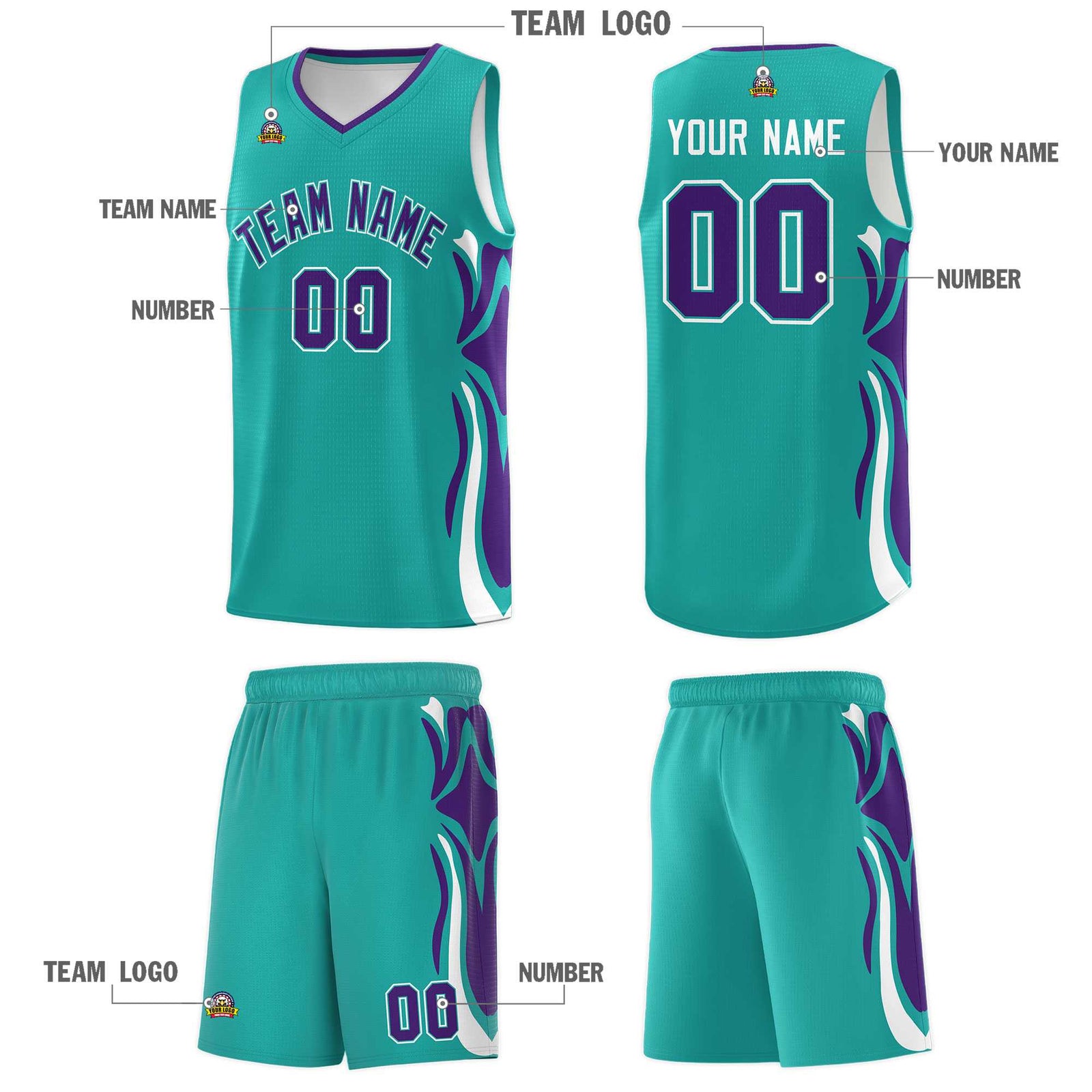 Custom Aqua Purple-White Graffiti Pattern Side Curve Pattern Sports Uniform Basketball Jersey Sets