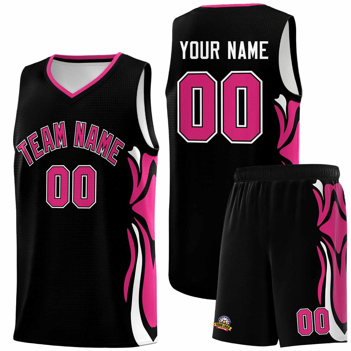 Custom Black Pink-White Graffiti Pattern Side Curve Pattern Sports Uniform Basketball Jersey Sets