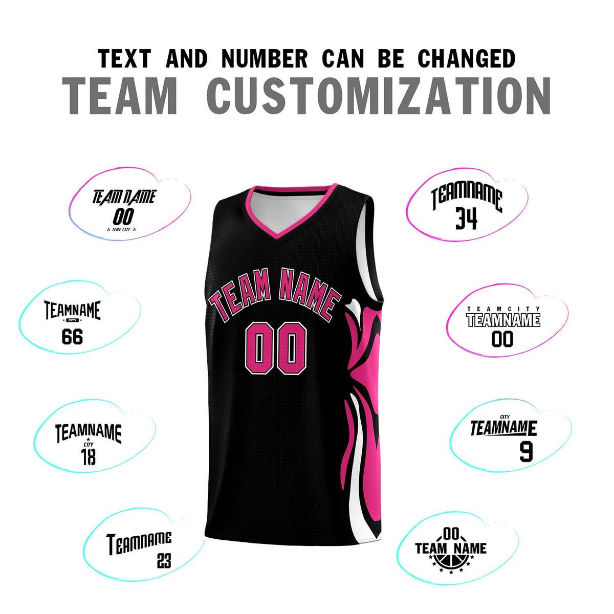 Custom Black Pink-White Graffiti Pattern Side Curve Pattern Sports Uniform Basketball Jersey Sets