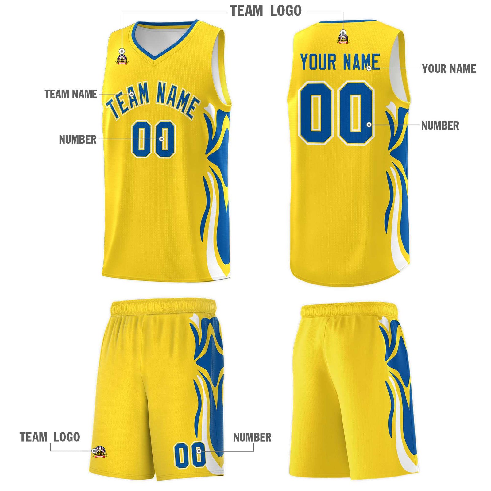Custom Gold Royal-White Graffiti Pattern Side Curve Pattern Sports Uniform Basketball Jersey Sets