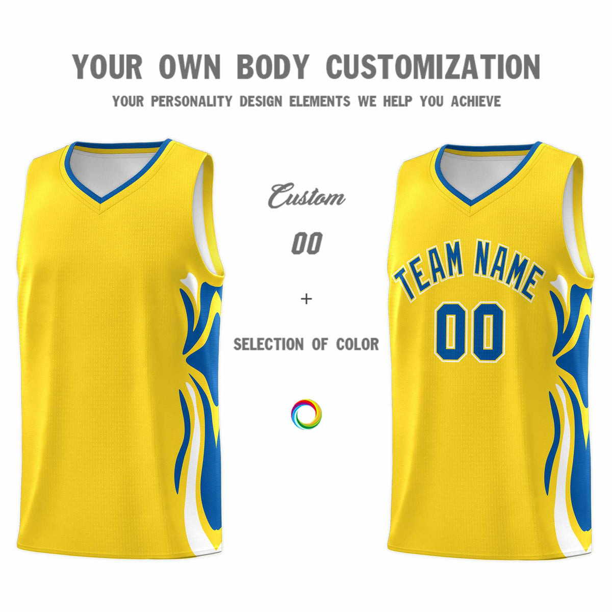 Custom Gold Royal-White Graffiti Pattern Side Curve Pattern Sports Uniform Basketball Jersey Sets
