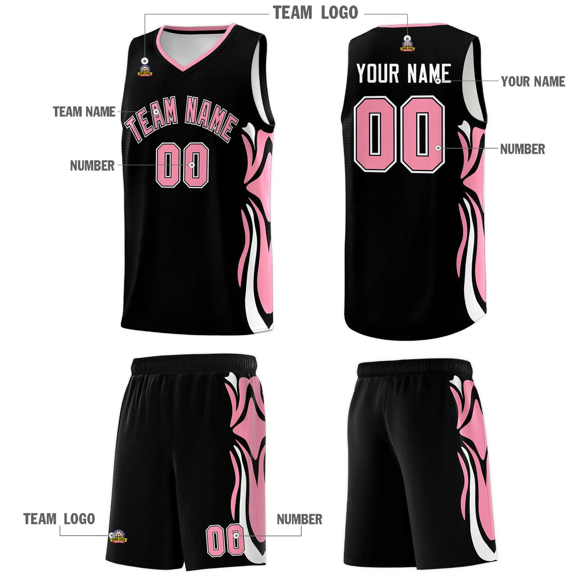 Custom Black Light Pink-White Graffiti Pattern Side Curve Pattern Sports Uniform Basketball Jersey Sets