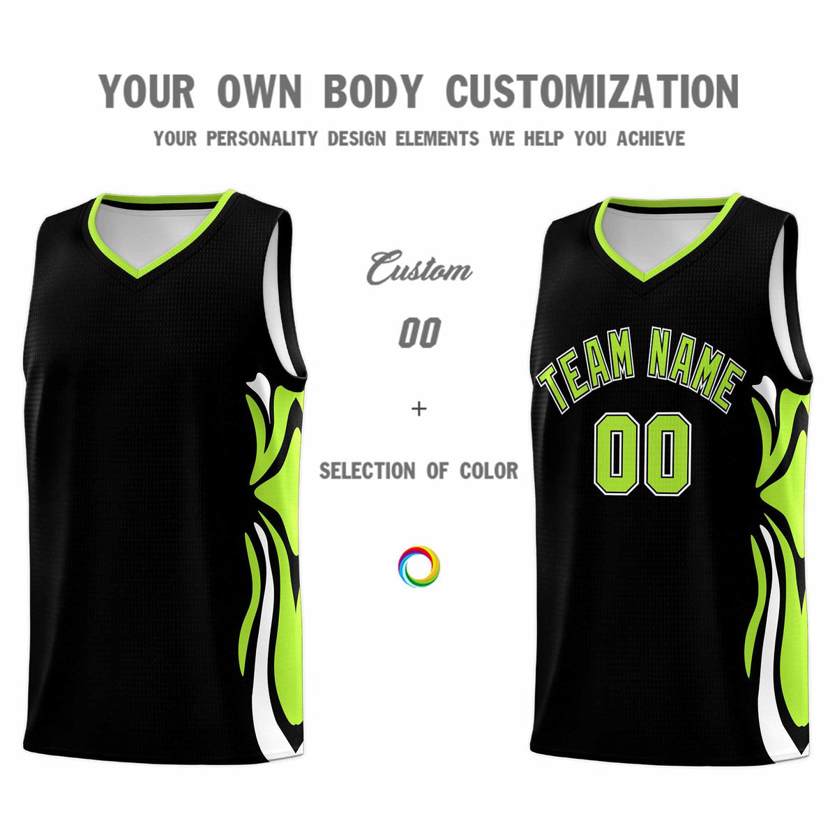 Custom Black Light Green-White Graffiti Pattern Side Curve Pattern Sports Uniform Basketball Jersey Sets