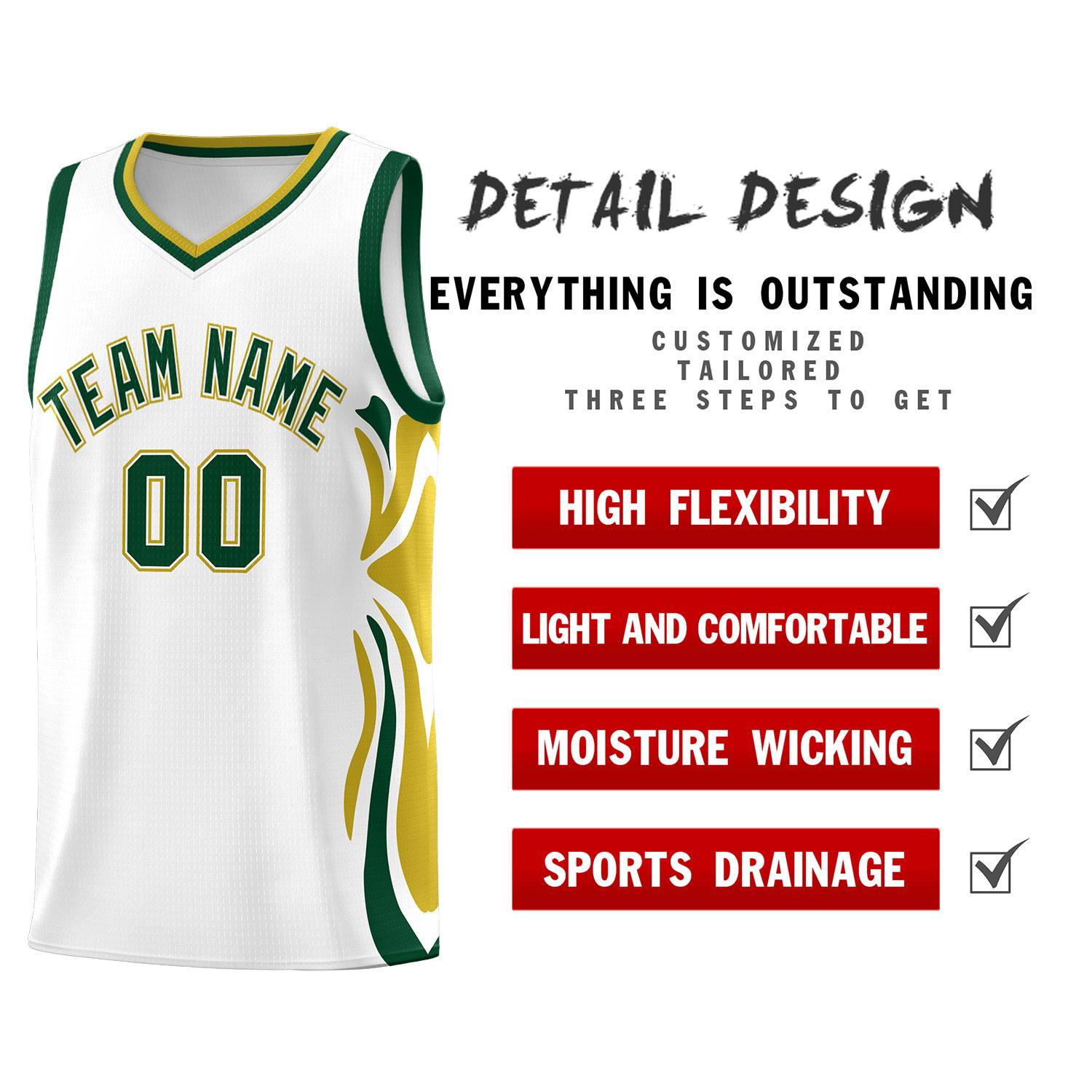 Custom White Green-Old Gold Graffiti Pattern Side Curve Pattern Sports Uniform Basketball Jersey Sets