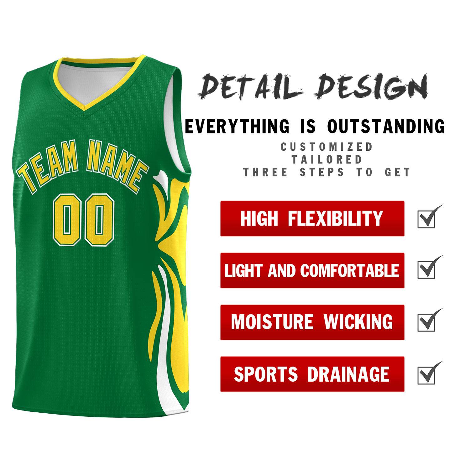 Custom Kelly Green Gold-White Graffiti Pattern Side Curve Pattern Sports Uniform Basketball Jersey Sets