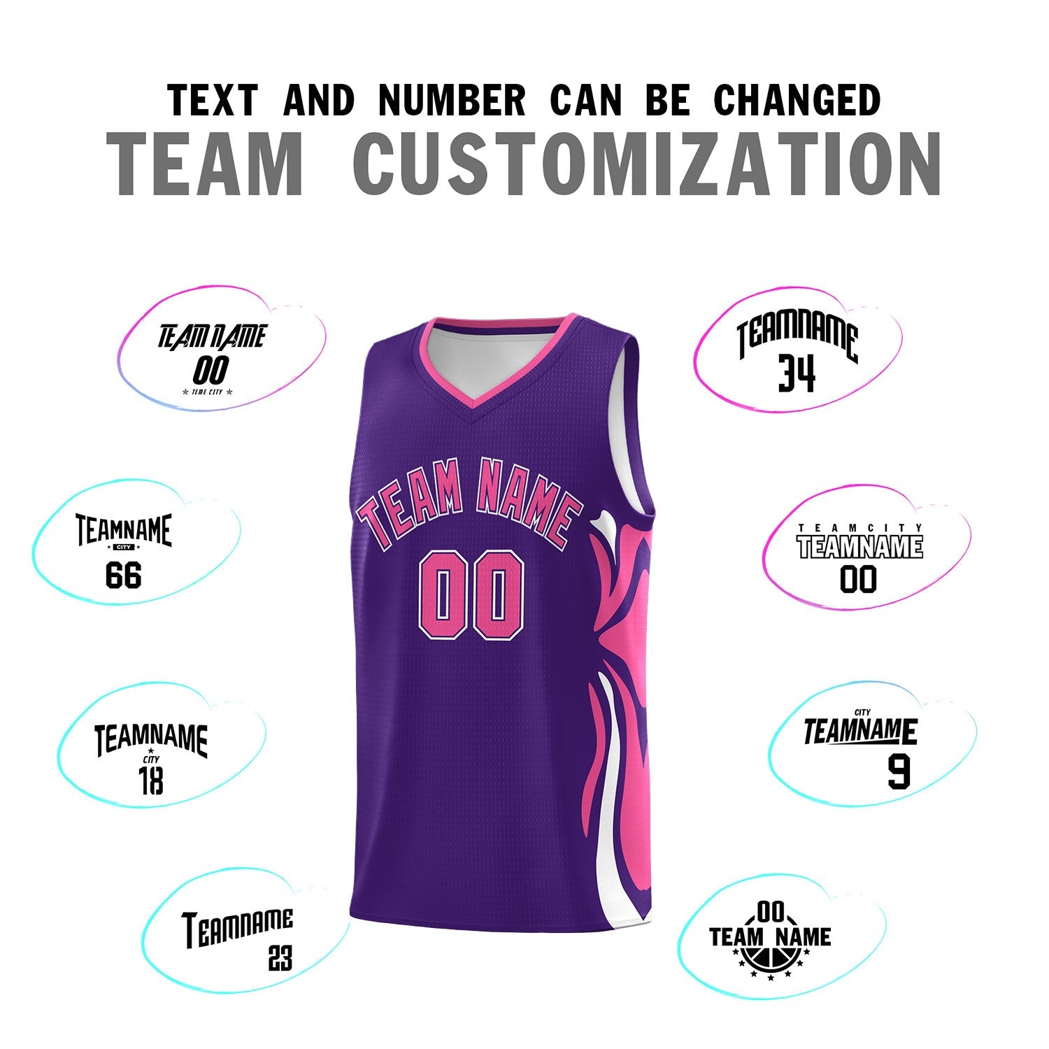 Custom Purple Pink-White Graffiti Pattern Side Curve Pattern Sports Uniform Basketball Jersey Sets