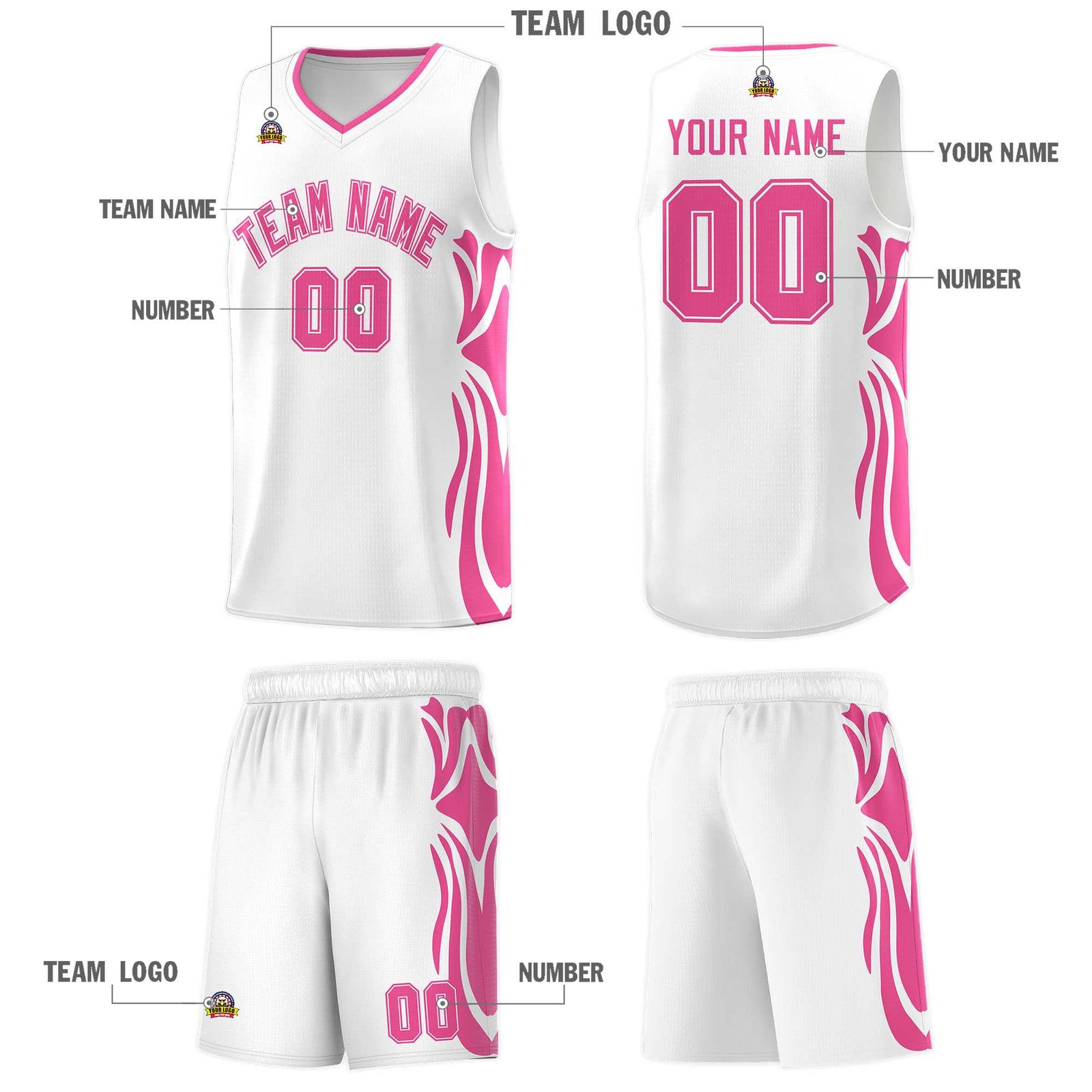 Custom White Pink-Pink Graffiti Pattern Side Curve Pattern Sports Uniform Basketball Jersey Sets