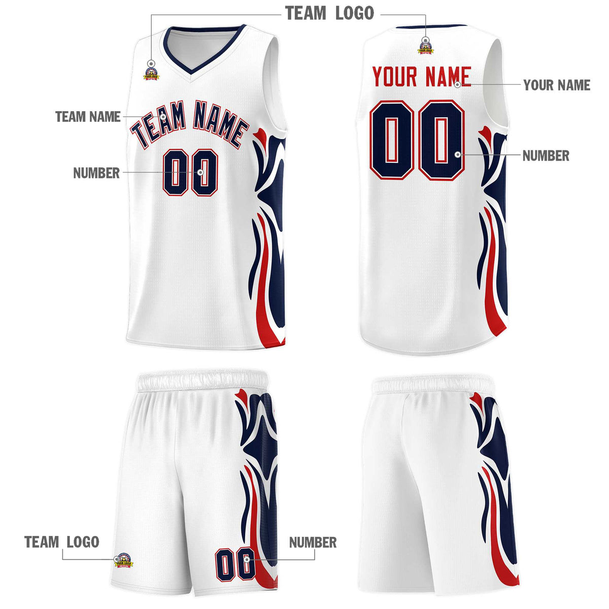 Custom White Navy-Red Graffiti Pattern Side Curve Pattern Sports Uniform Basketball Jersey Sets