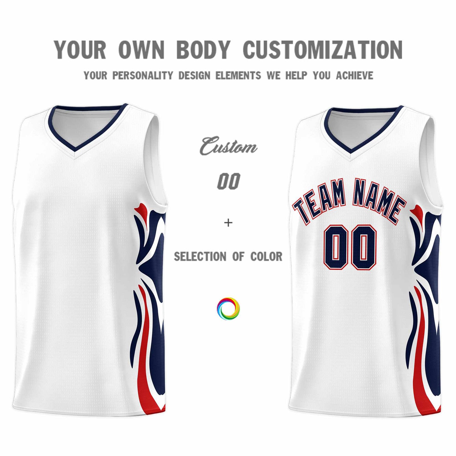Custom White Navy-Red Graffiti Pattern Side Curve Pattern Sports Uniform Basketball Jersey Sets
