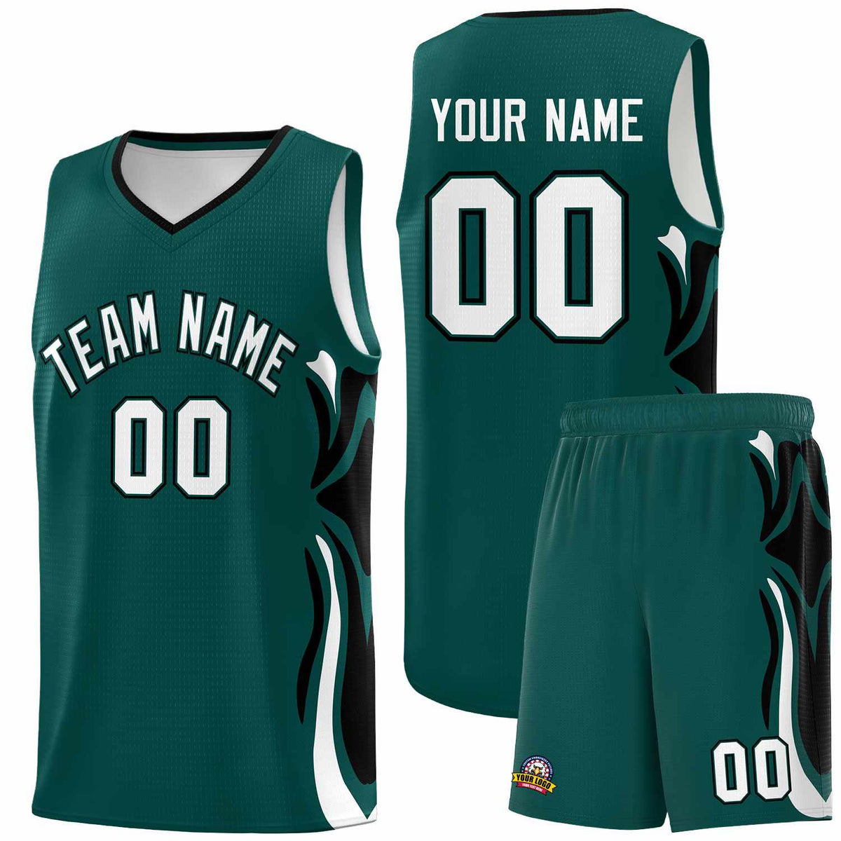 Custom Midnight Green White-Black Graffiti Pattern Side Curve Pattern Sports Uniform Basketball Jersey Sets