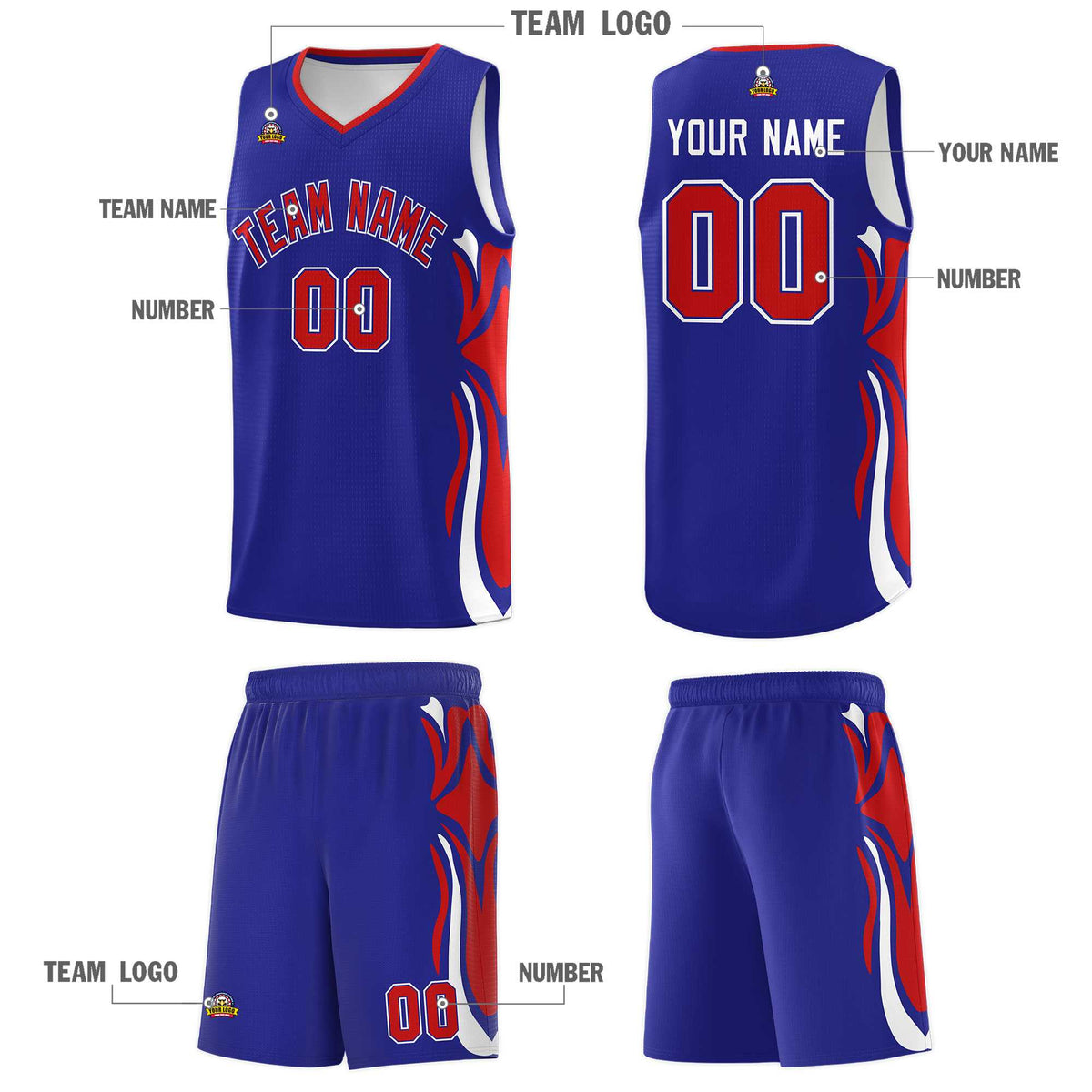Custom Royal Red-White Graffiti Pattern Side Curve Pattern Sports Uniform Basketball Jersey Sets