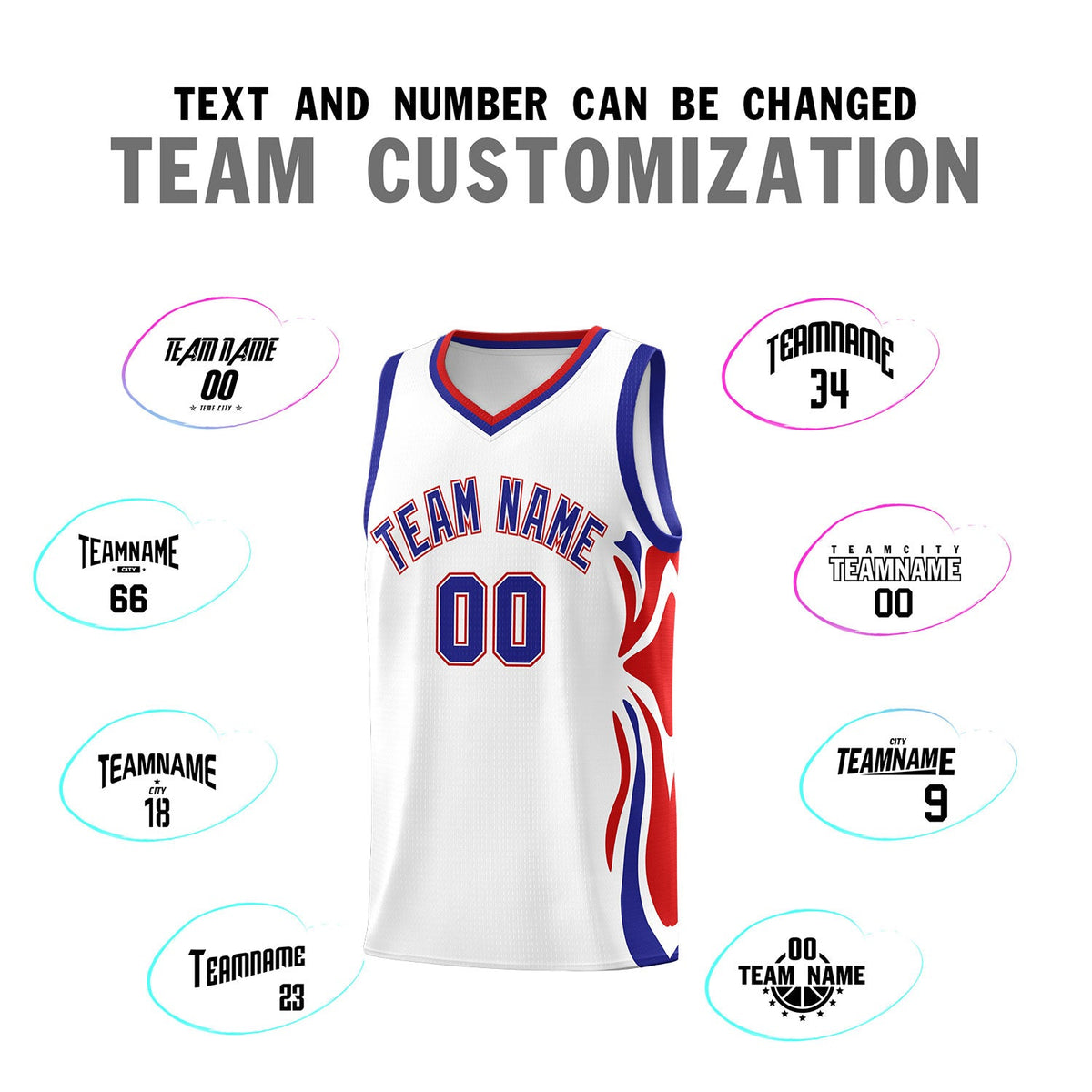 Custom White Royal-Red Graffiti Pattern Side Curve Pattern Sports Uniform Basketball Jersey Sets