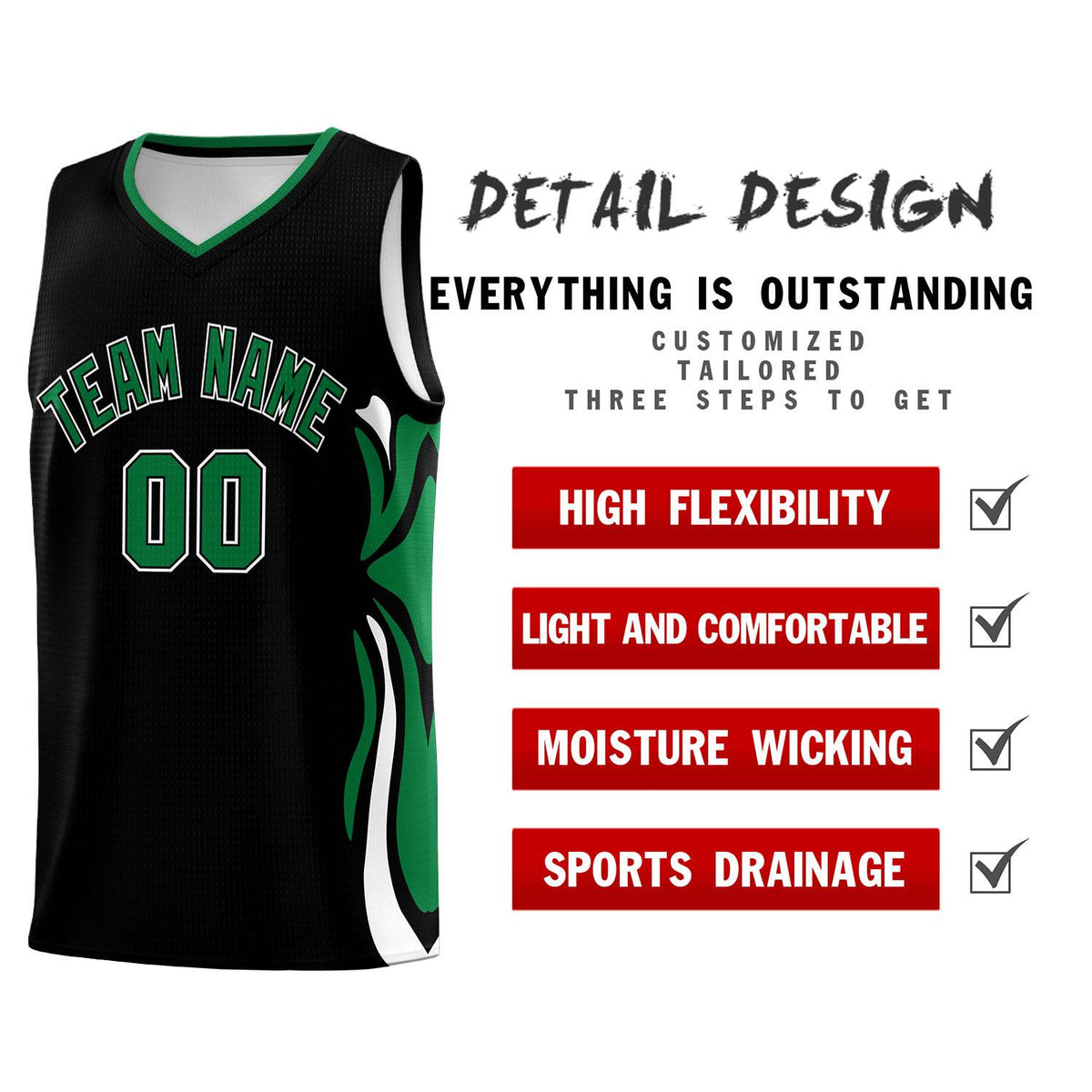 Custom Black Kelly Green-White Graffiti Pattern Side Curve Pattern Sports Uniform Basketball Jersey Sets