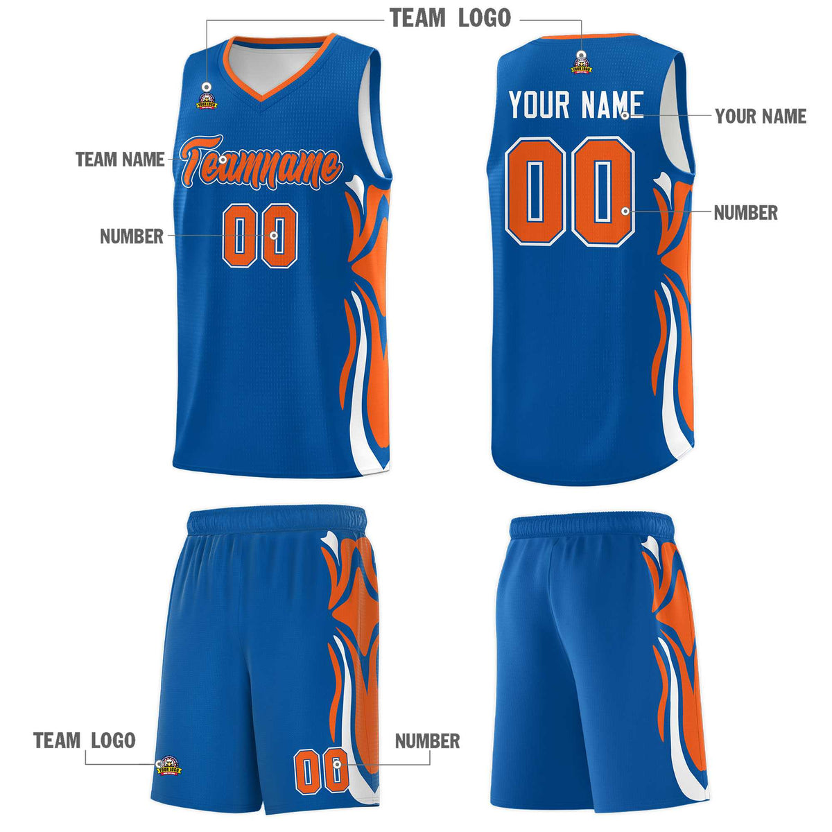 Custom Royal Orange-White Graffiti Pattern Side Curve Pattern Sports Uniform Basketball Jersey Sets