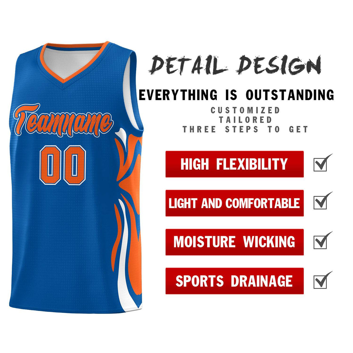 Custom Royal Orange-White Graffiti Pattern Side Curve Pattern Sports Uniform Basketball Jersey Sets
