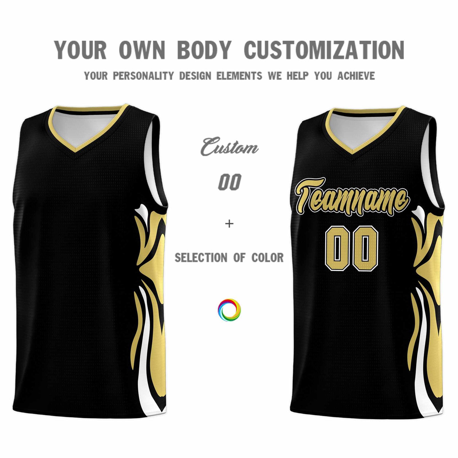 Custom Black Old Gold-White Graffiti Pattern Side Curve Pattern Sports Uniform Basketball Jersey Sets