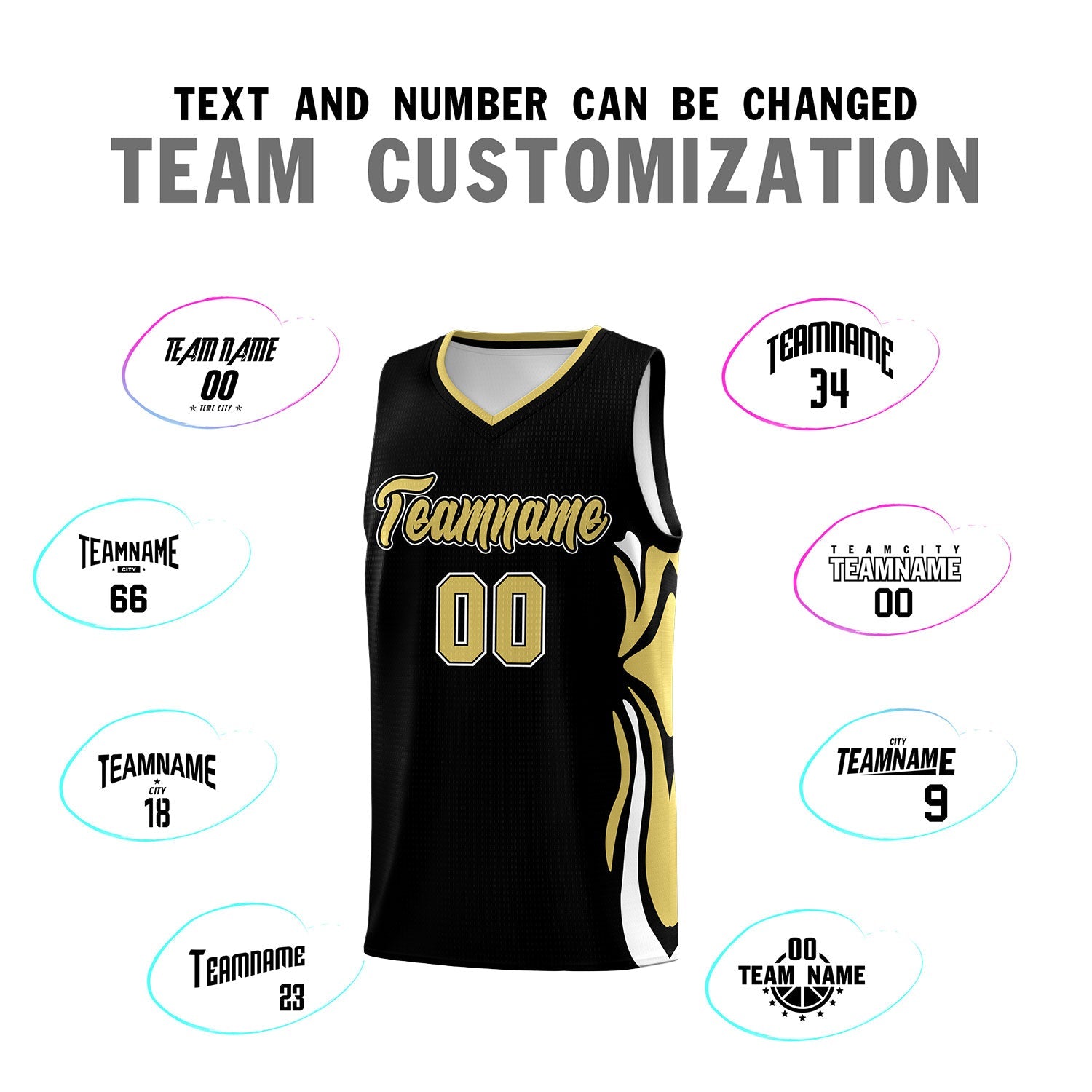 Custom Black Old Gold-White Graffiti Pattern Side Curve Pattern Sports Uniform Basketball Jersey Sets