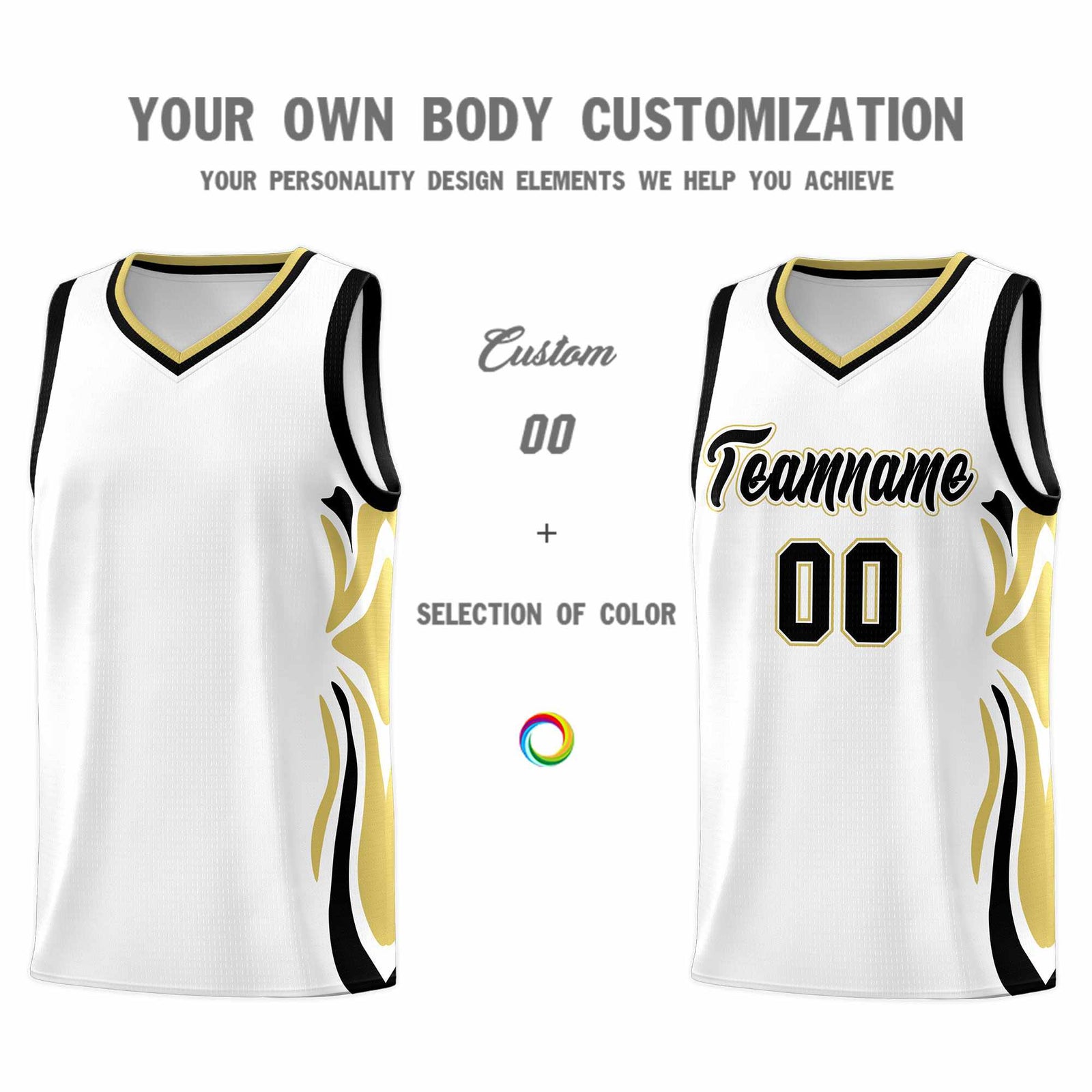 Custom White Black-Old Gold Graffiti Pattern Side Curve Pattern Sports Uniform Basketball Jersey Sets