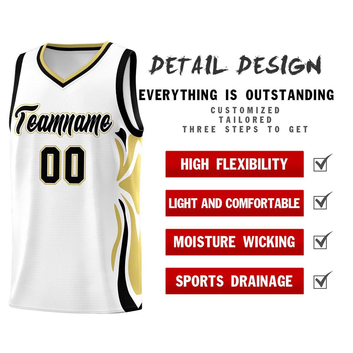 Custom White Black-Old Gold Graffiti Pattern Side Curve Pattern Sports Uniform Basketball Jersey Sets