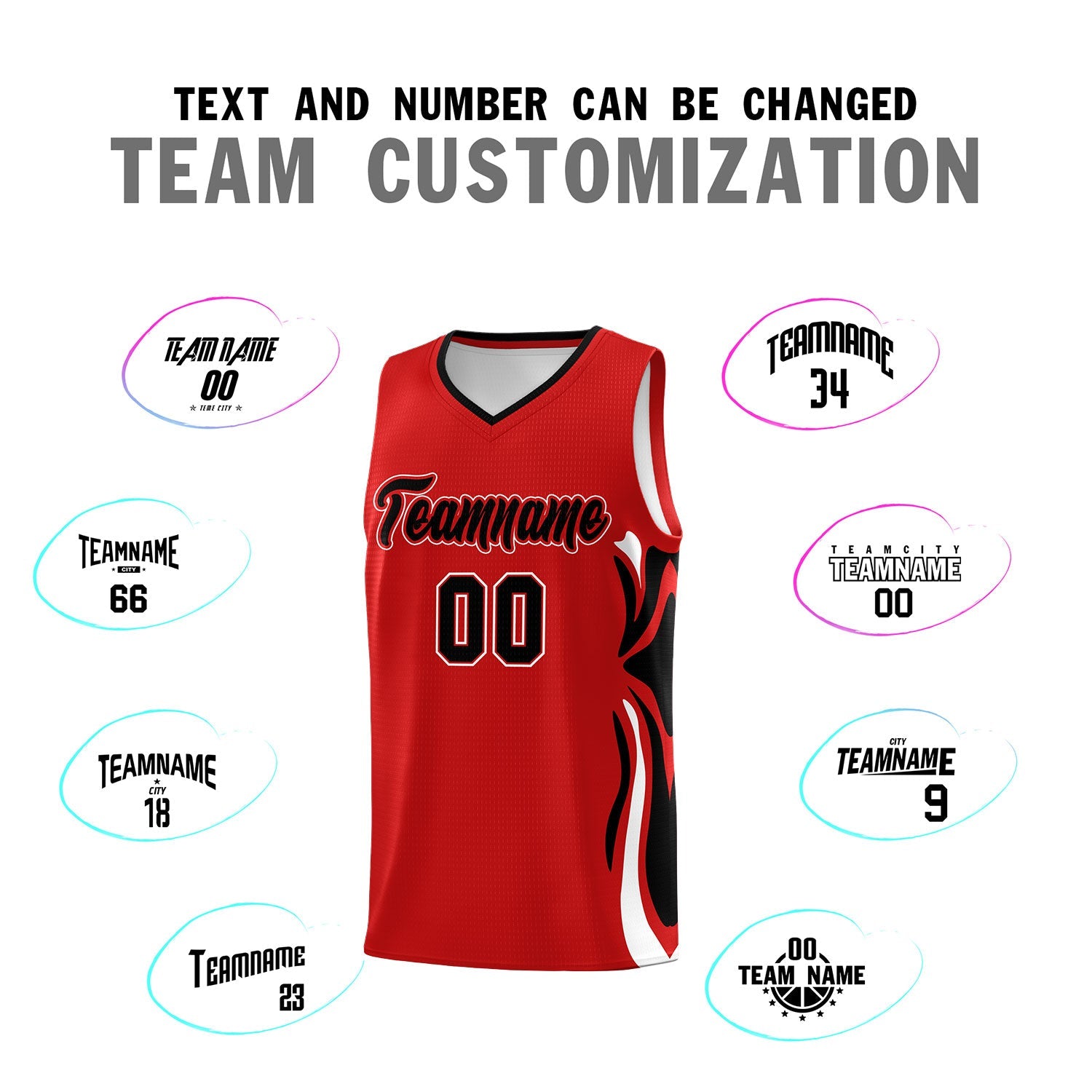 Custom Red Black-White Graffiti Pattern Side Curve Pattern Sports Uniform Basketball Jersey Sets