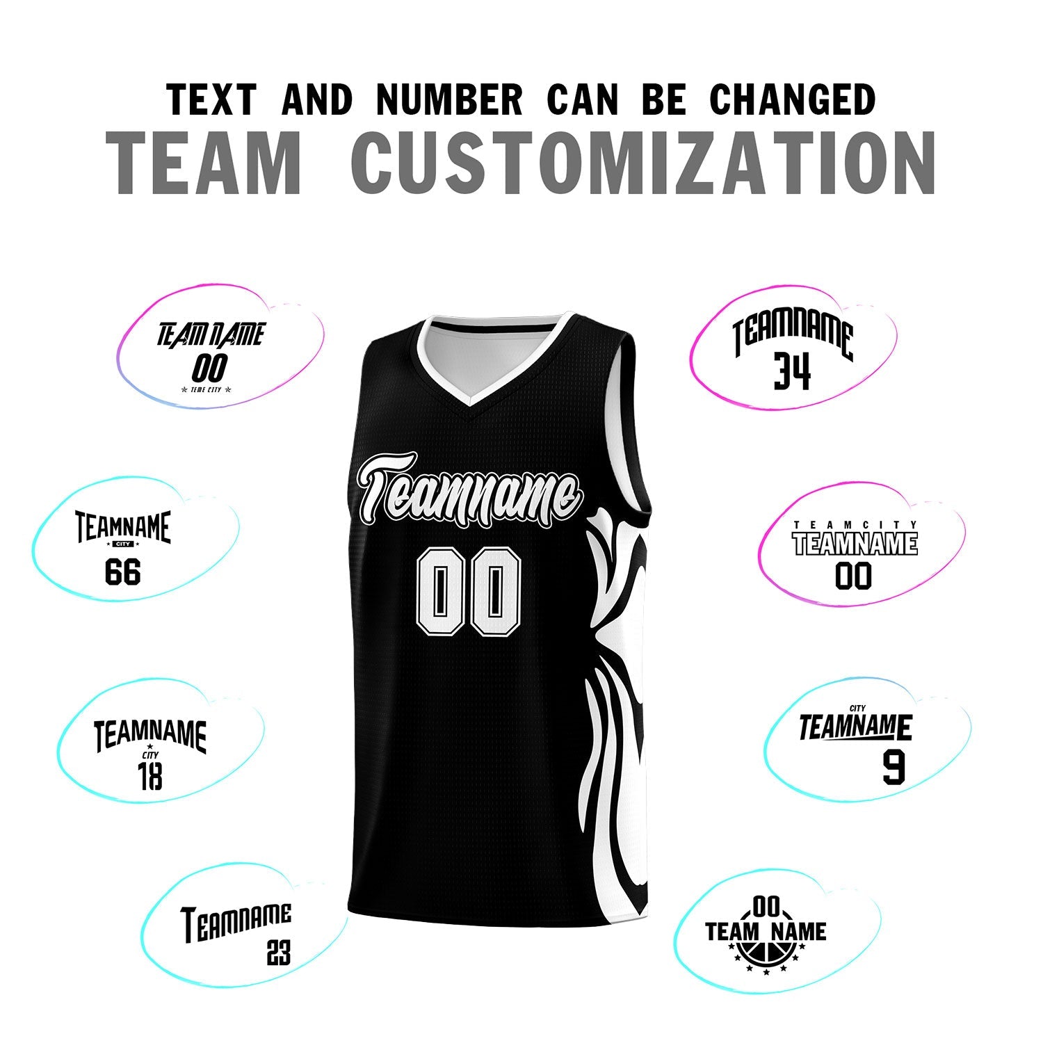 Custom Black White-White Graffiti Pattern Side Curve Pattern Sports Uniform Basketball Jersey Sets