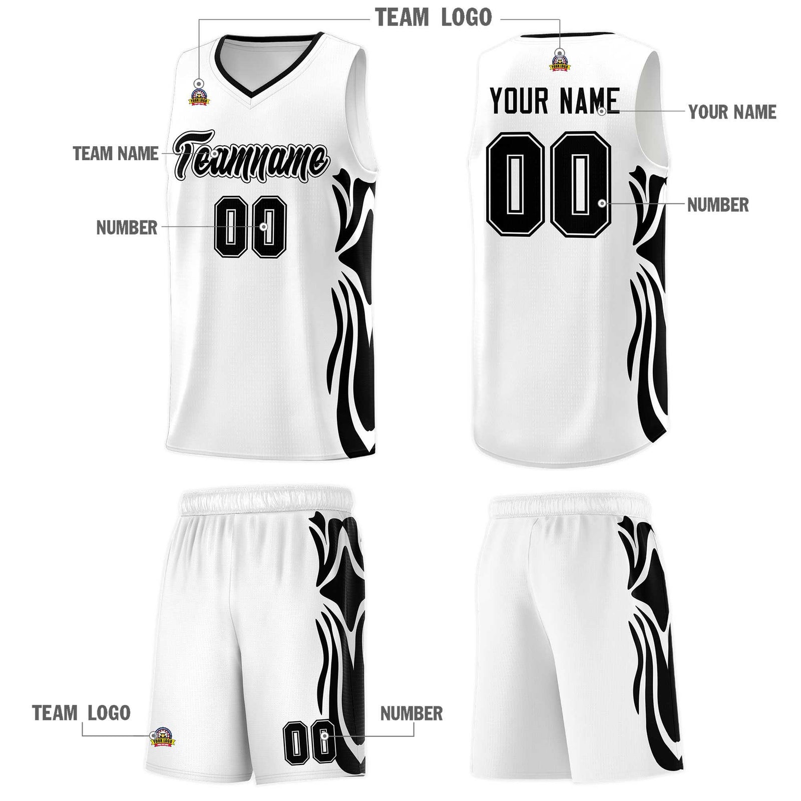 Custom White Black-Black Graffiti Pattern Side Curve Pattern Sports Uniform Basketball Jersey Sets
