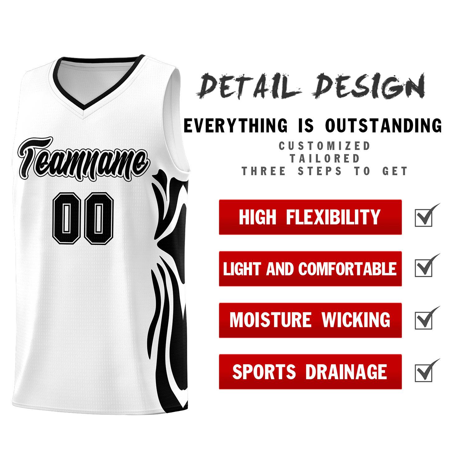 Custom White Black-Black Graffiti Pattern Side Curve Pattern Sports Uniform Basketball Jersey Sets