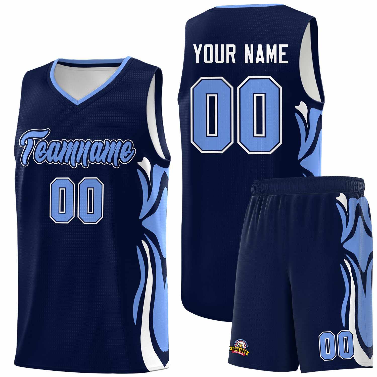 Custom Navy Light Blue-White Graffiti Pattern Side Curve Pattern Sports Uniform Basketball Jersey Sets