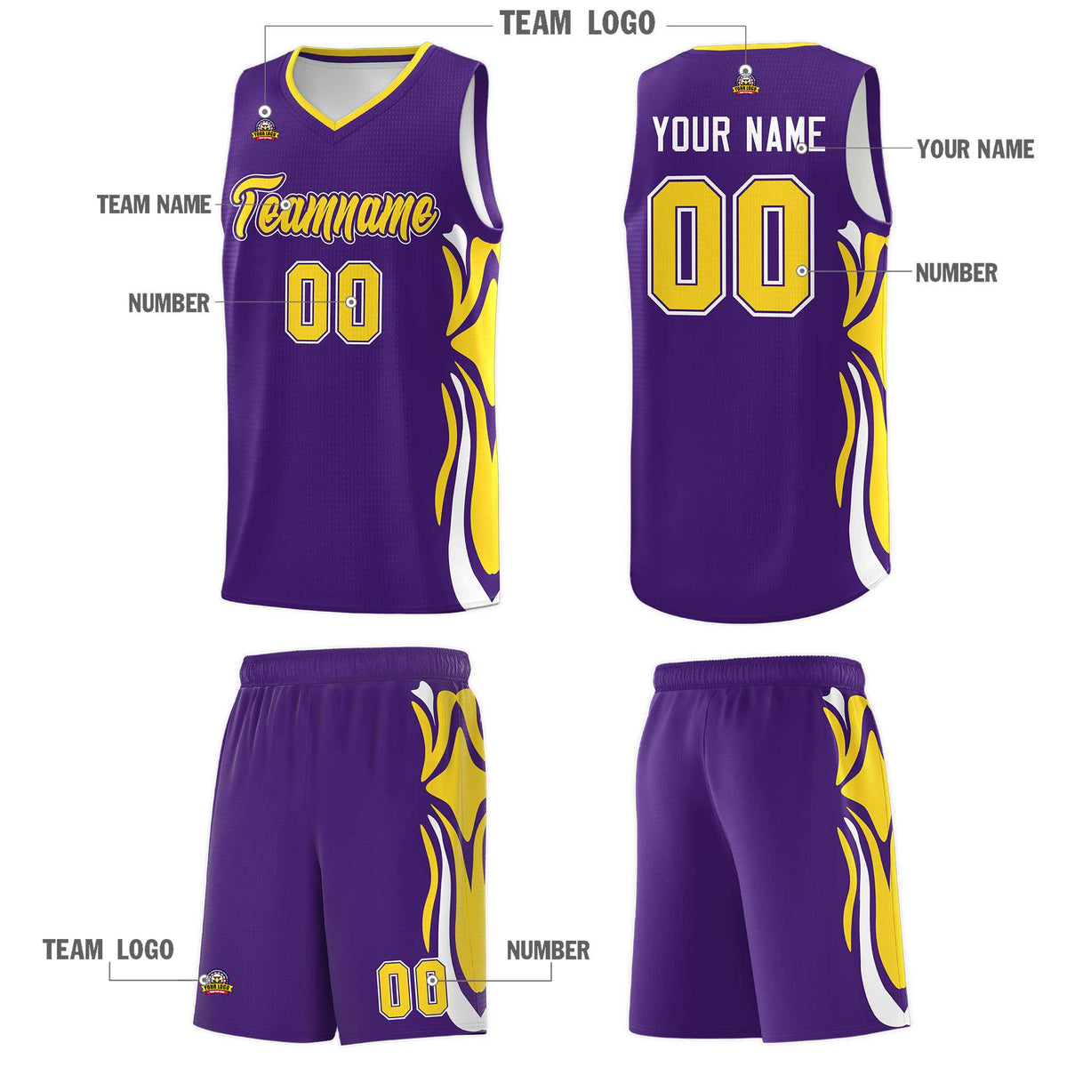 Custom Purple Gold-White Graffiti Pattern Side Curve Pattern Sports Uniform Basketball Jersey Sets