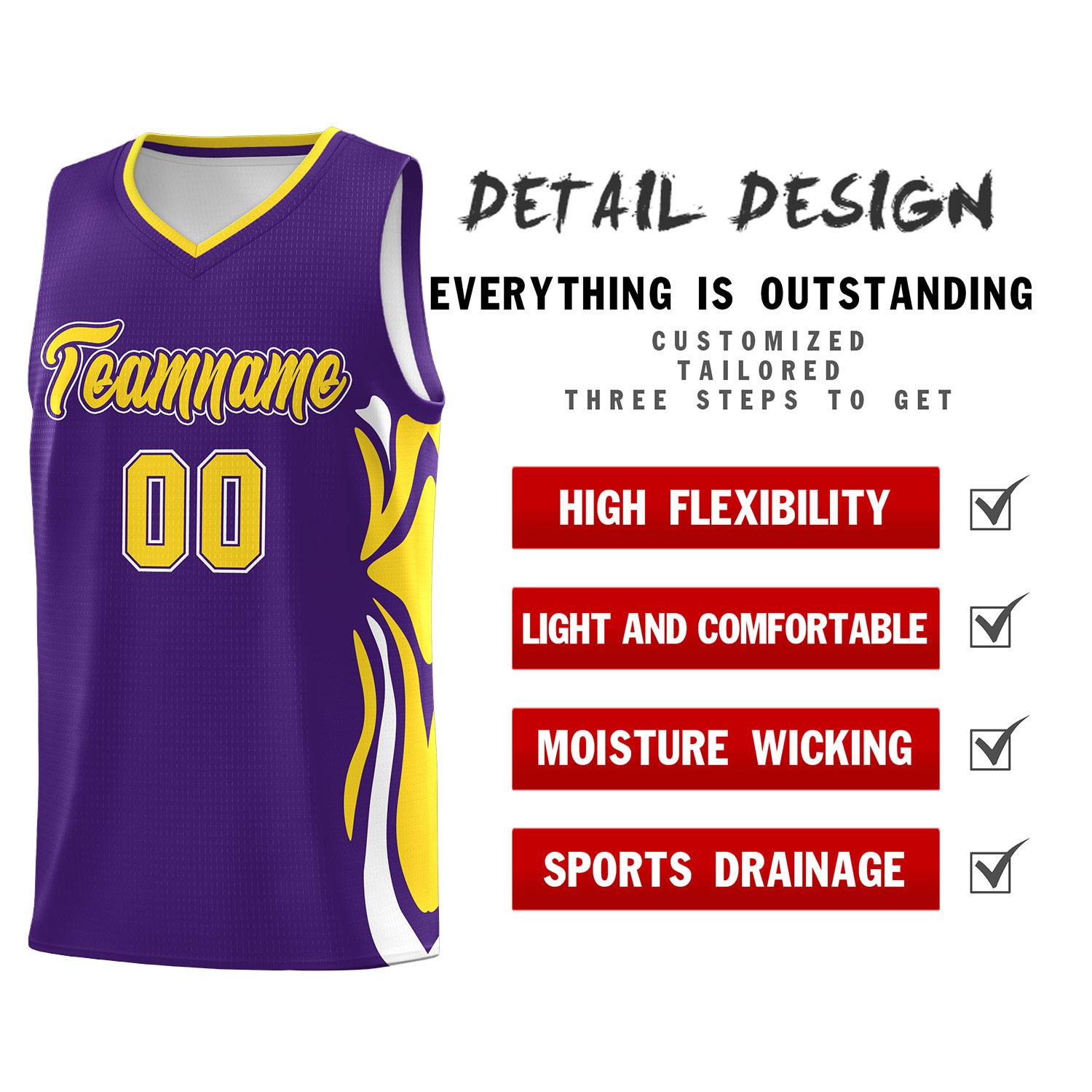 Custom Purple Gold-White Graffiti Pattern Side Curve Pattern Sports Uniform Basketball Jersey Sets