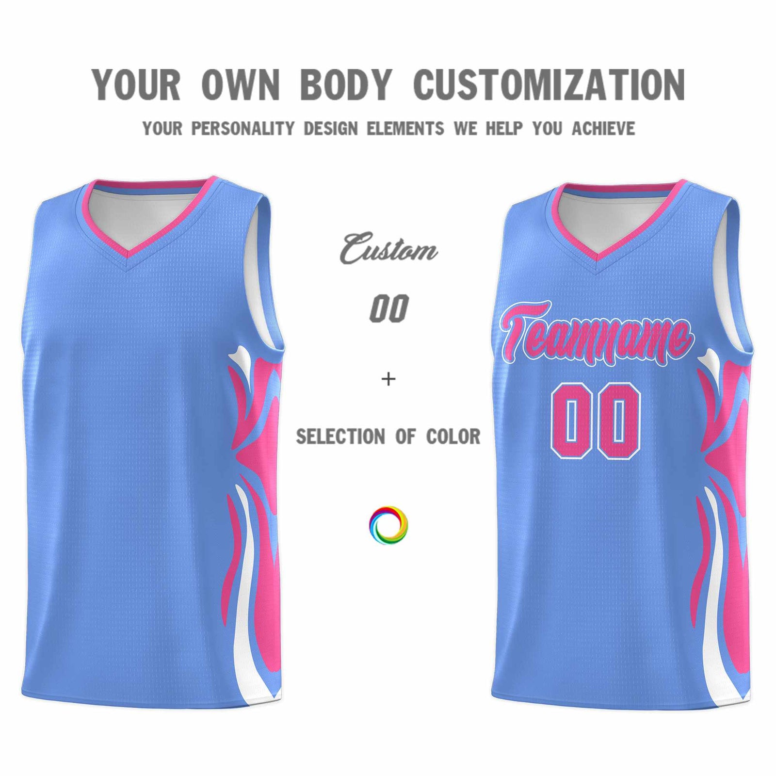 Custom Light Blue Pink-White Graffiti Pattern Side Curve Pattern Sports Uniform Basketball Jersey Sets