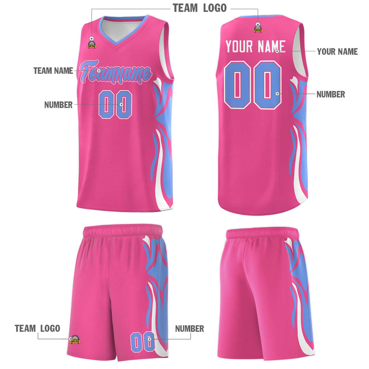 Custom Pink Light Blue-White Graffiti Pattern Side Curve Pattern Sports Uniform Basketball Jersey Sets