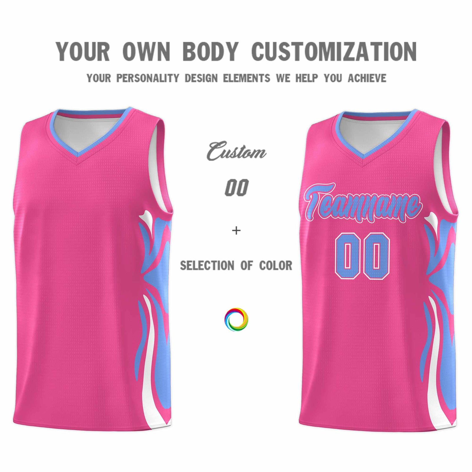 Custom Pink Light Blue-White Graffiti Pattern Side Curve Pattern Sports Uniform Basketball Jersey Sets