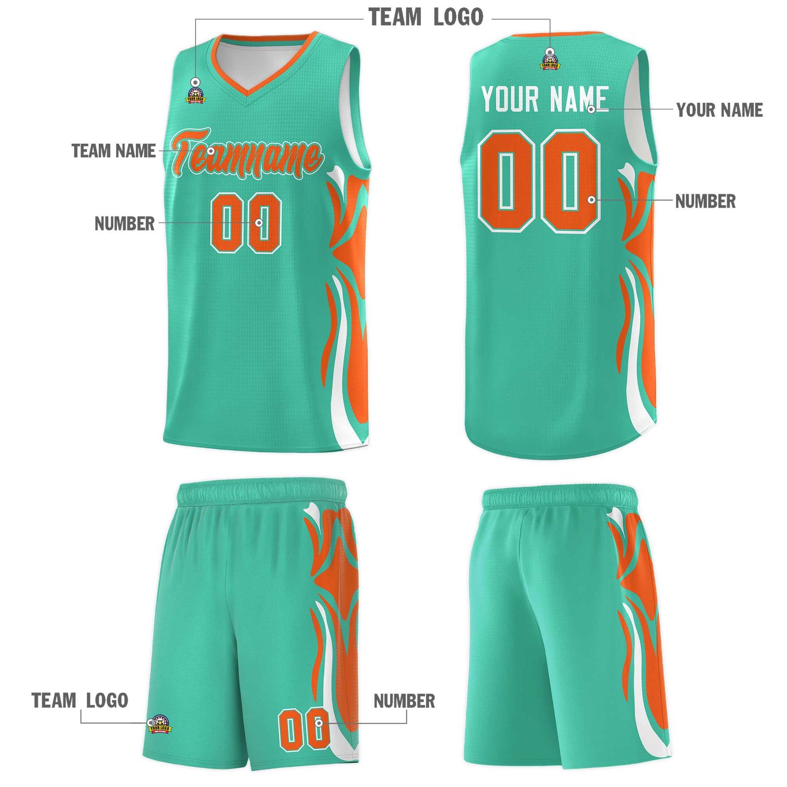 Custom Bright Green Orange-White Graffiti Pattern Side Curve Pattern Sports Uniform Basketball Jersey Sets