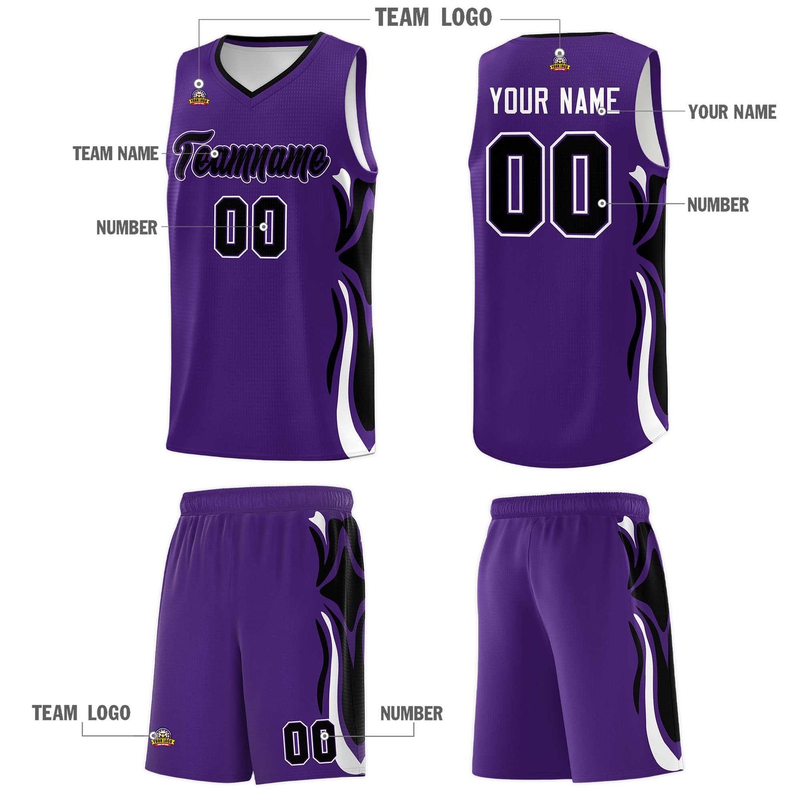 Custom Purple Black-White Graffiti Pattern Side Curve Pattern Sports Uniform Basketball Jersey Sets