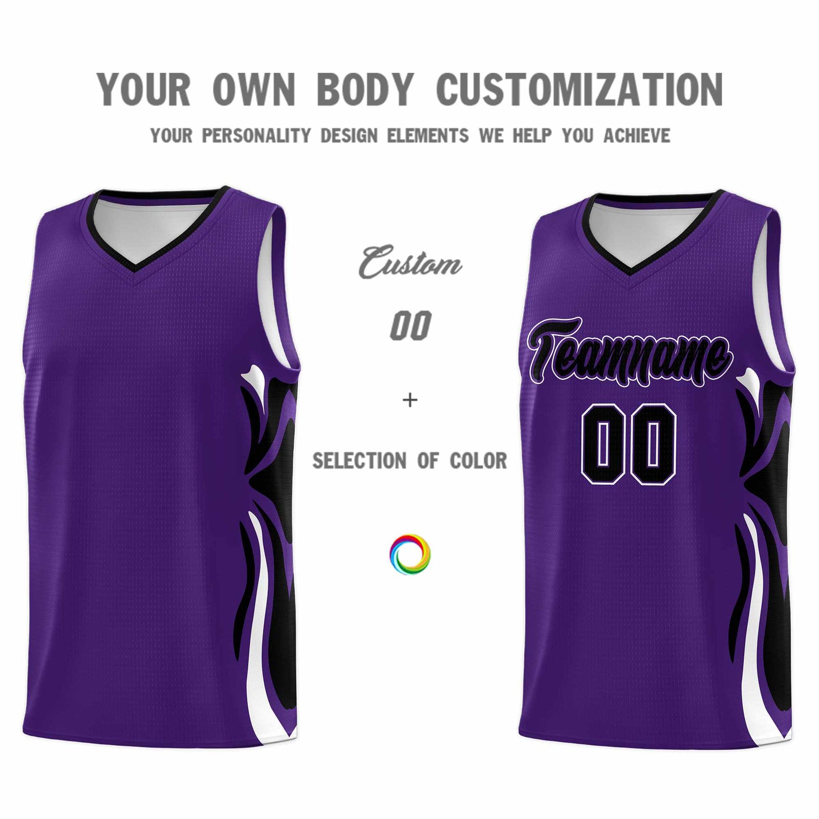 Custom Purple Black-White Graffiti Pattern Side Curve Pattern Sports Uniform Basketball Jersey Sets